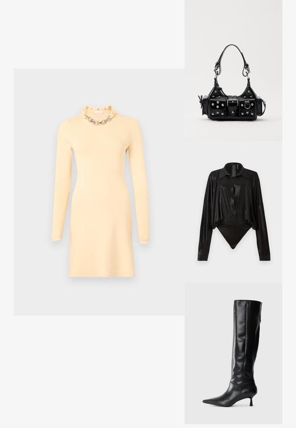 Rabanne Fodralklänning - cream; Svart body med långa ärmar, V-ringning och en figursydd silhuett. Tillverkad av glänsande, slät tyg med en strukturerad krage och manschetter.; Svart läderknähigh boot med spetsig tå och smal, böjd klack. Slät textur, åtsittande design och ingen synlig hårdvara eller mönster.; Svart läderhandväska med en kurvad design, prydd med silverfärgade nitar, ett spänne och två sidofickor. Justerbar rem för olika bäralternativ.