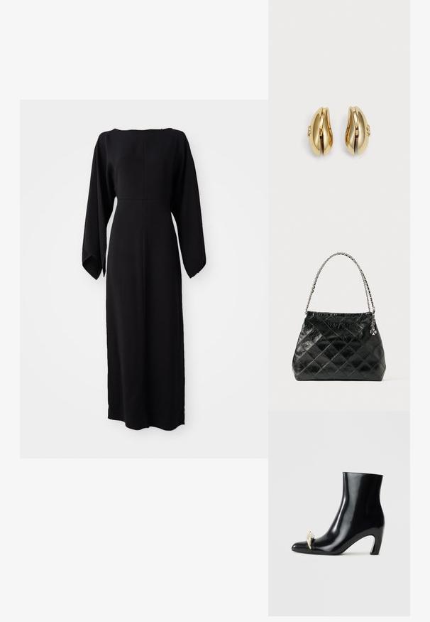 Juoda ilgomis rankovėmis suknelė tiesaus kirpimo, su plačiu iškirpimu ir švelniu, lygiu paviršiumi. Nėra matomų raštų ar metalinių detalių.; Juodi aulinukai, pagaminti iš blizgios odos, su smailia nosimi ir dekoratyviu aukso bei sidabro akcentu priekyje. Bloko kulnas.; Juoda pūsta odinė rankinė su sidabrine grandinėlės rankena, pasižyminti struktūruotu dizainu ir lygiu paviršiumi.; Aukso spalvos auskarai su srauniu, kreiviu dizainu. Kiekvienas auskoras turi lygų paviršių ir mažą užsegimą su dekoratyviu akcentu.