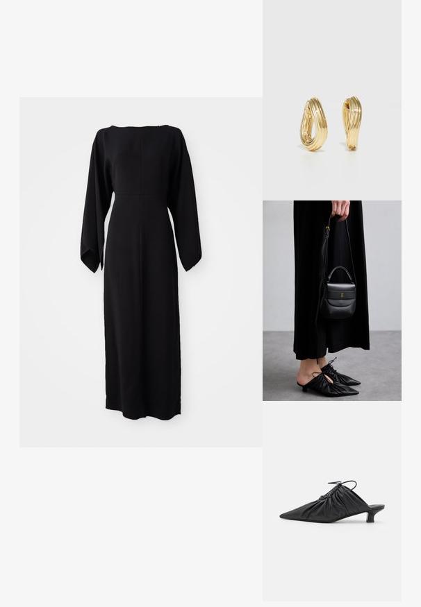 Mustapituinen pitkähihaisuus mekko suoran leikkauksen kanssa, jossa on veneen kaula-aukko ja pehmeä, sileä rakenne. Ei näkyviä kuvioita tai varusteita.; Mustat nahkaiset liukukengät teräväkärkisillä, kerätyillä yksityiskohdilla ja pienellä kissan korolla. Avauksessa on narukiinnitys.; Pieni musta nahkabag, jonka muoto on pyöreä, yläkahva ja irrotettava olkahihna. Yhdistetty mustan kankaan mekkoon ja mustiin plissee-kenkään.; Korvakorut, joissa on kulta sävyinen rengas ja kierrätetty muotoilu, jossa on uurteinen pinta ja sileä viimeistely. Kevyt ja ontto rakenne.