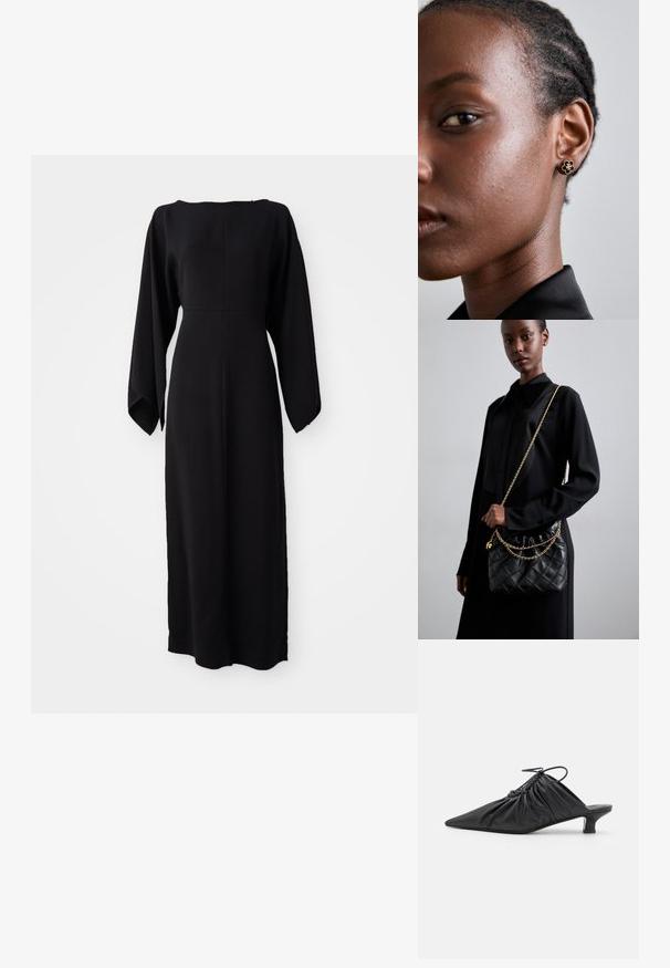 Crna haljina dugih rukava ravnog kroja, s brošom izrezom i mekanom, glatkom teksturom. Nema vidljivih uzoraka ili metalnih detalja.; Crne kožne cipele bez pete s oštrim vrhom, nabranim teksturom i malom kitten petom. Imaju detalj na vezanje na otvaranju.; Crna naslagana kožna torba s naboranim vrhom, zlatnim lančićem i pravokutnim oblikom, držana uz jednostavnu pozadinu.; Zlatne cvjetne naušnice sa teksturiranim crnim središtem i delikatnim detaljima. Na profilu su vidljive modelove bistre kože i pletena kosa.