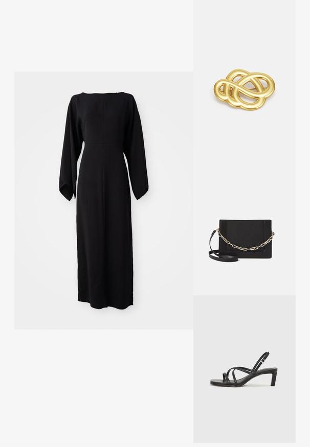 Robe noire à manches longues avec une coupe droite, dotée d'un décolleté bateau et d'une texture douce et lisse. Pas de motifs visibles ni de détails en métal.; Sandale noire à lanières avec un bout carré et un petit talon bloc. Elle présente plusieurs fines lanières et une sangle de cheville ajustable. Fabriquée en cuir lisse.; Sac bandoulière en cuir noir avec une texture lisse, de forme rectangulaire et un détail en chaîne métallique à l'avant. Sangle réglable incluse.; Broche doré présentant un design noué avec des lignes lisses et courbées, et une forme complexe, reflétant une finition polie.