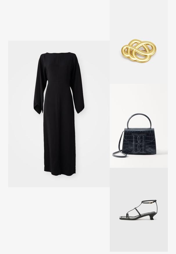 Črna obleka z dolgimi rokavi in ravnim krojem, ki ima čolnasti izrez ter mehak, gladek material. Brez vidnih vzorcev ali kovinskih podrobnosti.; Črne usnjene sandale s kvadratnim prstom, tankimi trakovi, nastavljivim trakom okoli gležnja in nizko peto. Imajo majhen zlat akcent na traku.; Črna ročno vsebovana torbica iz usnja z reliéfom krokodila, z oblikovanim dizajnom, zgornjo ročajem, prilagodljivo zanko in izstopajočim logotipom spredaj.; Broška z zlatim odtenkom, ki se ponaša s zankastim dizajnom, gladkimi, ukrivljenimi linijami in zapleteno obliko, ki odseva poliran zaključek.