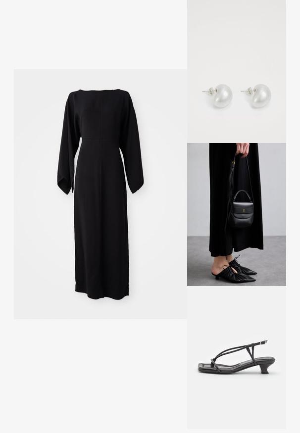 Černé šaty s dlouhým rukávem a přímým střihem, s lodním výstřihem a jemnou, hladkou texturou. Žádné viditelné vzory ani kovové detaily.; Černé kožené sandály s tenkými pásky, nízkým blokovým podpatkem a čtveratou špičkou. Obsahují přezku a mají hladkou texturu.; Malá černá kožená kabelka s zaobleným tvarem, horním madlem a odnímatelným popruhem. Nositelná s černými látkovými šaty a černými plisovanými botami.; Stříbrné perlové naušnice v zakřiveném tvaru fazole. Hladký, lesklý povrch a zajištěné pomocí kolíčku a zajišťovacího uzávěru.