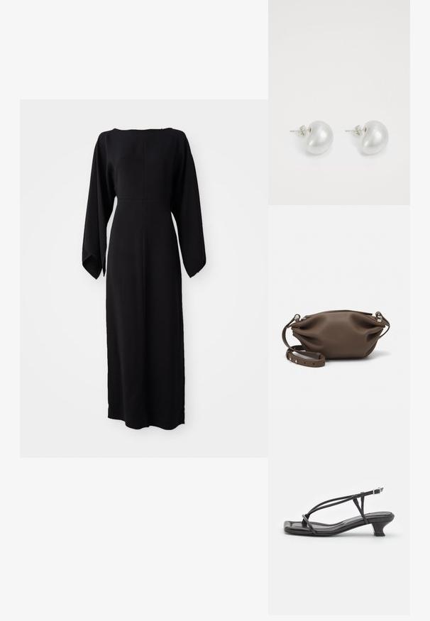 Melnas garās piedurknēs kleita ar taisnu griezumu, kurai ir laivu formas dekoltē un maiga, gluda tekstūra. Nav redzamu rakstu vai aparatūras detaļu.; Melnas ādas sandales ar plānām siksniņām, zemu blokveida papēdi un kvadrātveida deguniem. Ar sprādzi un gludu tekstūru.; Brūnas ādas rokassoma ar mīkstu, strukturētu dizainu, aprīkota ar augšējo rāvējslēdzēju un regulējamu siksnu ar sudraba krāsas aksesuāriem.; Sudraba pērļu auskari ar izliekta, pupiņas formas dizainu. Gluda, spīdīga virsma un nostiprināti ar tapu un aizmugures aizdari.