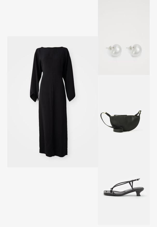 Melnas garās piedurknēs kleita ar taisnu griezumu, kurai ir laivu formas dekoltē un maiga, gluda tekstūra. Nav redzamu rakstu vai aparatūras detaļu.; Melnas ādas sandales ar plānām siksniņām, zemu blokveida papēdi un kvadrātveida deguniem. Ar sprādzi un gludu tekstūru.; Melnas ādas plecu soma ar pusmēness formu, teksturētu virsmu, zelta rāvējslēdzēju un plakanu siksnu. Kompakts dizains, kas piemērots svarīgākajām lietām.; Sudraba pērļu auskari ar izliekta, pupiņas formas dizainu. Gluda, spīdīga virsma un nostiprināti ar tapu un aizmugures aizdari.