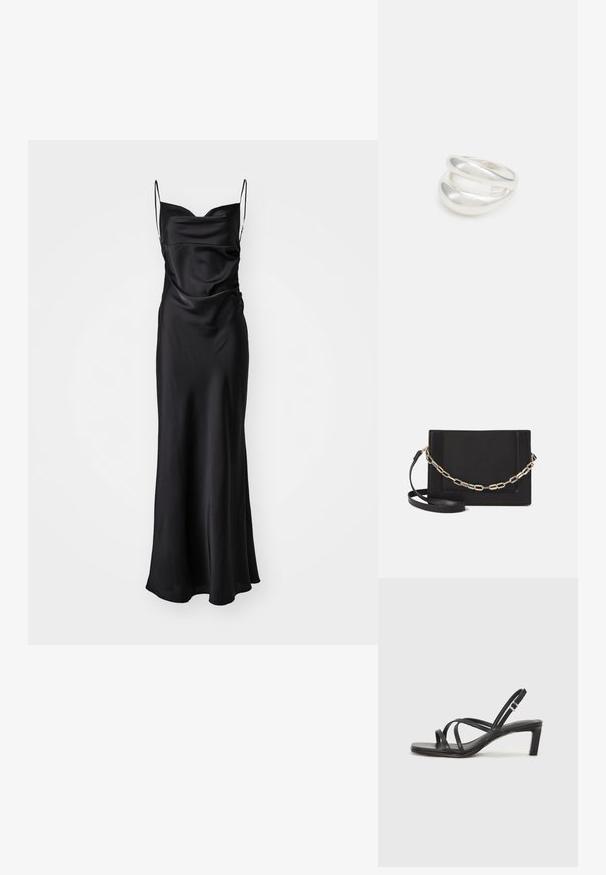 Juoda satino vakarinė suknelė su prigludusia liemene, panneau ir plonomis reguliuojamomis petnešomis. Dizainas švelniai platėja link apačios.; Juodi šlepetės su kvadratiniu pirštu ir žemu bloku kulnu. Yra keli ploni dirželiai ir reguliuojamas kulkšnies diržas. Pagaminti iš lygios odos.; Juodas odinis per petį nešiojamas krepšys turi lygų paviršių, stačiakampio formą ir metalinę grandinėlę priekyje. Pridedama reguliuojama dirželis.; Sidabrinis dvigubas žiedas su lygiu, poliruotu paviršiumi. Pasižymi sklandžiu, kreiptu dizainu su persipinančiomis dalimis, suteikiančiomis modernų išvaizdą.