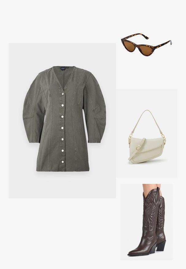 Olīvu zaļās krāsas, pogājama jakas ar V-veida kaklu, pūkainām piedurknēm un vertikālām šuvēm. Iezīmē sudraba pogas un strukturētu formu.; Brūni ādas kovboju zābaki ar norādītu purngalu un blokveida papēdi, ar detalizētu šūšanu un paceltiem akcentiem uz kājas daļas.; Kaķa acs saulesbrilles ar melnu un oranžu bruņurupuču rakstu rāmi, brūnām lēcām un elegantiem, norādītiem galiem. Rāmī ir minimālists logos uz tempļa.; Maza krēmkrāsas rokas soma ar teksturētu apdari, garu regulējamu siksniņu, ķēdes akcentu un vāciņa aizdari. Zelta aparatūras detaļas.