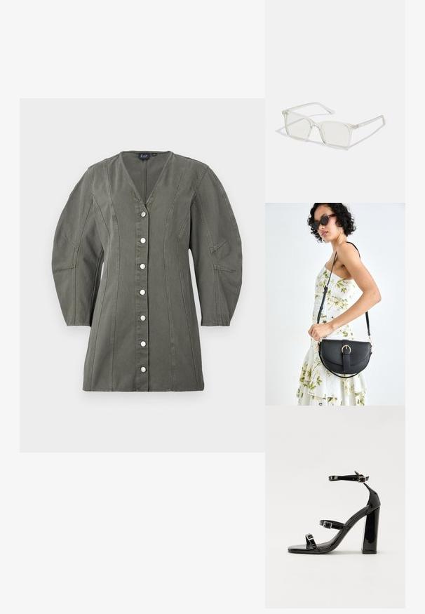 Jachetă verde măsliniu, cu nasturi, cu decolteu în V, mâneci bufante și cusături verticale. Prezintă nasturi argintii și o formă structurată.; Sandale negre din piele lacuită, cu toc înalt, două curele cu catarame, vârf pătrat și toc gros, având o textură netedă și lucioasă.; Ochelari de vedere cu rame pătrate din plastic transparent, dotate cu lentile translucide și accente aurii pe temple pentru un detaliu suplimentar.; Geantă din piele neagră, cu o formă curbată, curea detașabilă și accesorii aurii. Geanta are un capac cu un detaliu tip cataramă.