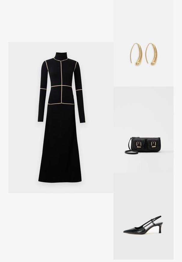 Black long-sleeve midi dress with a mock neck, featuring cream piping in a grid pattern across the torso and flowing skirt. Smooth fabric texture.; Black patent slingback heel with a pointed toe, featuring textured snake print, adjustable strap, and a short, textured block heel.; Black leather crossbody bag with two front pockets, gold buckles, zipper closure, and a slim strap. Textured surface and compact rectangular shape.; Gold-tone metal hoop earrings with a curved, elongated shape. Features a smooth, shiny surface and a rounded tip for added detail.