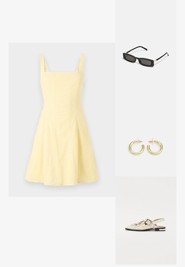 Žuta gingham haljina sa kvadratnim izrezom, tankim naramenicama i raširenom suknjom. Napravljena od lagane pamučne tkanine.; Sandalice sa zatvaračem u bijeloj koži s višestrukim širokim trakama i srebrnim kopčama; ravni potplat s malim crnim potpeticama i metalnim akcentima.; Crne pravokutne sunčane naočale s tamnim lećama, sjajnim plastičnim okvirom i zlatnim akcentima na sljepoočnicama. Minimalistički dizajn i elegantan oblik.; Zlatne kružne naušnice s glatkom, sjajnom završnom obradom. Kružni dizajn s malom potporom i prozirnom podlogom za sigurno nošenje.