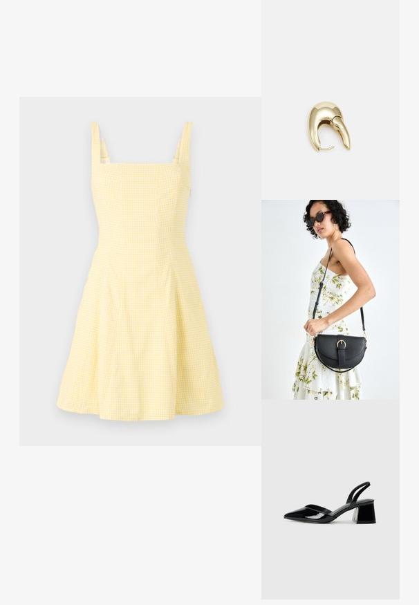 Žluté kostkované šaty s čtvercovým dekoltem, tenkými ramínky a rozšířenou sukní. Vyrobené z lehké směsi bavlny.; Černé lakované kožené lodičky na pásku s špičatou špičkou a geometrickým blokovým podpatkem. Vyznačují se elegantním, minimalistickým designem a hladkým povrchem.; Černá kožená kabelka s křivkovým tvarem, odnímatelným popruhem a zlatými detaily. Kabelka má klopu s přezkou.; Náušnice ve zlatém tónu z kovu s elegantním zakřiveným designem. Vyznačují se jedinečným špičatým tvarem, lesklým povrchem a závěsem na kloub.