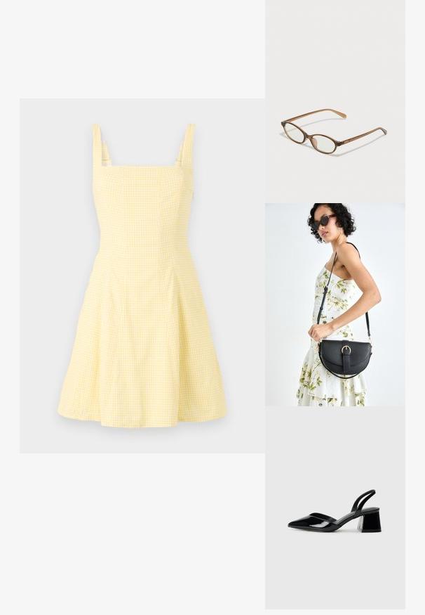 Gelbes Karomusterkleid mit quadratischem Ausschnitt, dünnen Trägern und ausgestellt Rock. Hergestellt aus leichtem Baumwollgemisch.; Schwarze Lackleder-Slingback-High Heels mit spitzem Schuh und einem geometrischen Blockabsatz. Verfügt über ein schlankes, minimalistisches Design und eine glatte Textur.; Braune Schildpatt-Brille mit ovalen Gläsern, dünnen Bügeln und transparenten Akzenten. Verfügt über ein dezentes Logo am Bügel. Elegantes, leichtes Design.; Schwarze Lederhandtasche mit geschwungener Form, abnehmbarem Tragegurt und goldenen Beschlägen. Die Tasche verfügt über einen Deckel mit einer Schnallen-Details.