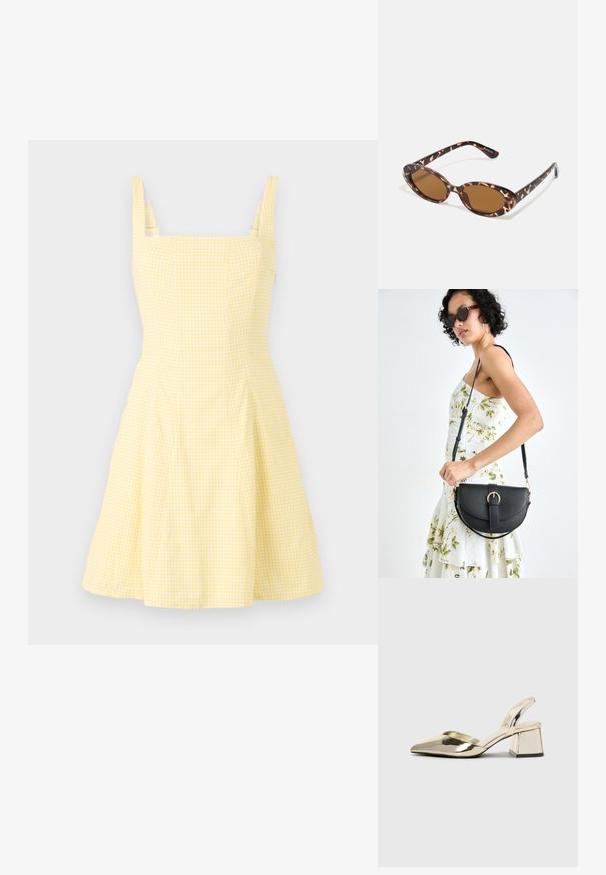 Gul rutete kjole med firkantet halslinje, tynne skulderstropper og utsvingt skjørt. Laget av lett bomullsblanding.; Gull, metallisk slingback-hæler med spiss tå og chunky hæl. Glatt tekstur, minimalistisk design og en smal stropp.; Skilpaddeskall solbriller med ovale linser, brunfargede, tynne stenger med teksturert mønster, lett plastisk ramme.; Svart lærveske med en buet form, avtagbar stropp og gullbeslag. Vesken har et klaff med spenne-detall.