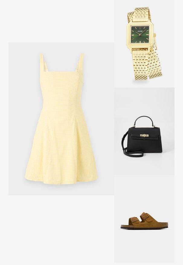 Gelbes Karomusterkleid mit quadratischem Ausschnitt, dünnen Trägern und ausgestellt Rock. Hergestellt aus leichtem Baumwollgemisch.; Braune Wildleder-Sandalen mit zwei verstellbaren Schnallen, Korkfußbett und strukturiertem Gummisohle. Offene Zehenpartie und Schlupfdesign für Komfort.; Schwarze Lederhandtasche mit strukturiertem Design, Obergriff, abnehmbarem Schulterriemen und goldfarbener Hardware. Verfügt über einen vorderen Schnappverschluss.; Goldene quadratische Armbanduhr mit einem grün verlaufenden Zifferblatt, goldenen Stundenmarkierungen und einem Netzarmband. Der Markenname "CLUSE" ist auf dem Zifferblatt abgebildet.; Goldfarbene Ohrstecker mit Knoten in gedrehter Ausführung. Jeder Ohrstecker verfügt über eine runde, transparente Rückseite für sicheren Halt.