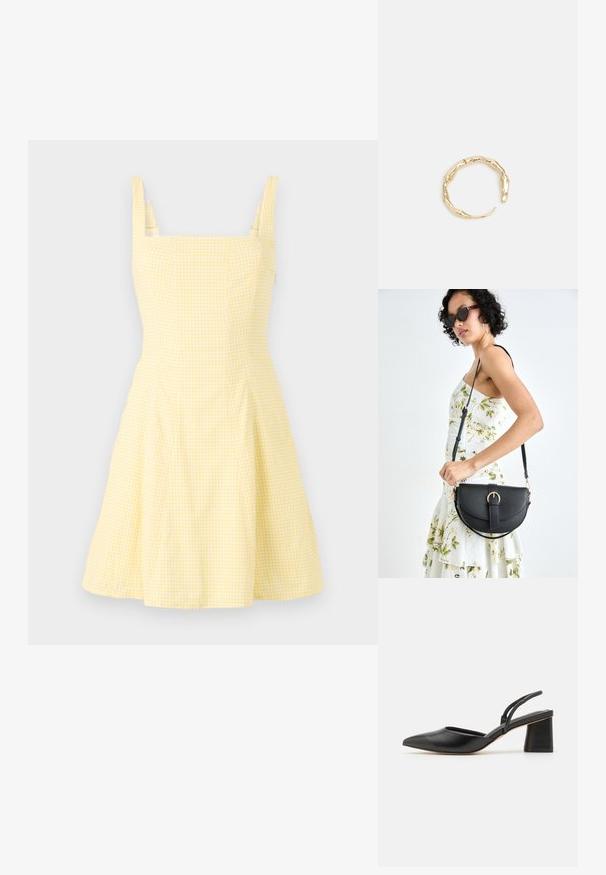 Gul gingham kjole med firkantet halsudskæring, tynde stropper og udvidet nederdel. Fremstillet af letvægts bomuldsblanding.; Sorte spidse slingback sko lavet af glat læder, med en lav blokhæl og tynde stropper bagpå for en sikker pasform.; Sort læderhåndtaske med en buet form, aftagelig rem og guldfinish. Tasken har en klap med en spænde detalje.; Guld-tone ring med et organisk, snoet design, glat overflade og affasede ender, hvilket skaber et moderne, skulpturelt udseende.