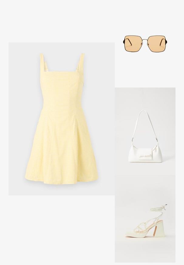 Żółta sukienka w kratkę z kwadratowym dekoltem, cienkimi ramiączkami i rozkloszowanym dołem. Wykonana z lekkiej mieszanki bawełny.; Biała sandał na wysokim obcasie z masywnym słupkiem, z paskowym wzorem i wiązaniem przy kostce. Gładka faktura z platformą z przodu dla dodatkowej wysokości.; Kwadratowe okulary przeciwsłoneczne z brązowymi soczewkami i cienką, czarną metalową oprawą. Posiadają skośne zauszniki i regulowane noski dla większego komfortu.; Biała syntetyczna torba o trójkątnym kształcie, płaskim przednim klapce i detalach w postaci kokardy, regulowanym pasku, gładkiej fakturze oraz minimalistycznym designie.