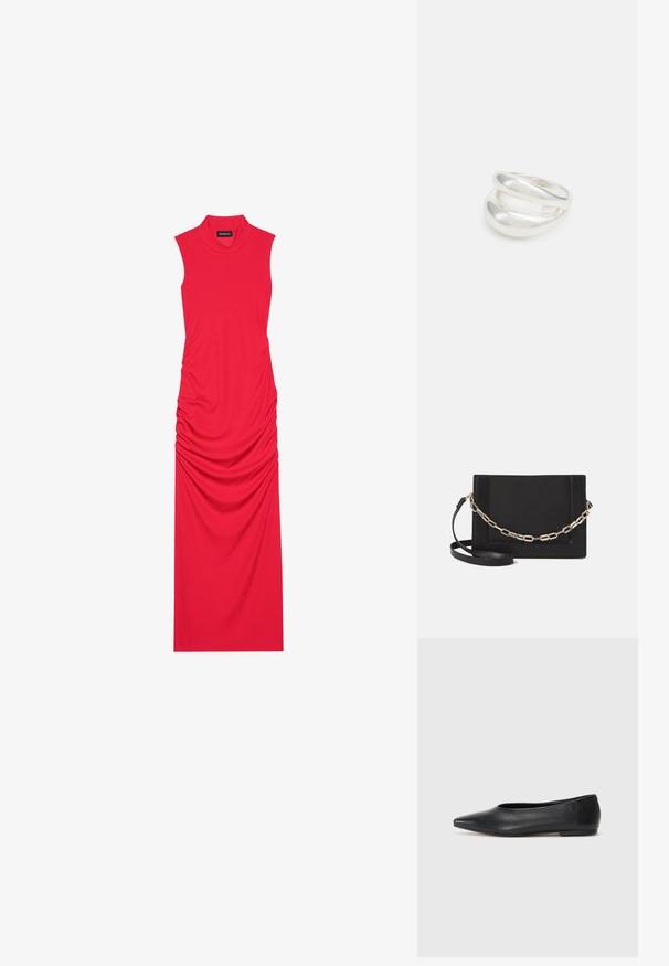 Červené maxi šaty bez rukávov vyrobené z rebrovanej tkaniny s riasením po stranách, s vysokým golierom a štíhlym strihom.; Čierne kožené baletky, špicatý špička, minimalistický dizajn, hladká textúra, nízky podpätok, bez viditeľných prvkov alebo ozdôb.; Čierna kožená crossbody taška s hladkou textúrou, obdĺžnikovým tvarom a kovovým reťazovým detailom na prednej strane. Súčasťou je nastaviteľný popruh.; Strieborný prsteň s dvojitým pásikom s hladkým, lesklým povrchom. Má plynulý, zakrivený dizajn s prekryvajúcimi sa časťami pre moderný vzhľad.