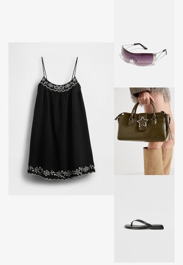 Musta mekko säädettävillä spagettihihnoilla, jossa on valkoinen kukkaismbroderia ja aaltoileva helma alaosassa. Kankaan pinta on teksturoitu.; Mustat varvastossut, joissa on sileä nahkapinta, ohut hihna ja litteä pohja, jossa on minimalistinen muotoilu. Ei huomattavia kuvioita tai koristeita.; Aurinkolasit, joissa on suuret, kaarevat violetit linssit, hopeiset metallikoristeet ja mustat templet, joissa on logo. Kehyksissä on näkyviä teksturoituja yksityiskohtia.; Vihreä oliivinvärinen mokkanahkainen käsilaukku, jossa on hopeinen tähti koristeena, kaksinkertaiset kahvat ja vetoketjusulku. Teksturoitu pinta ja rakenteellinen muoto.