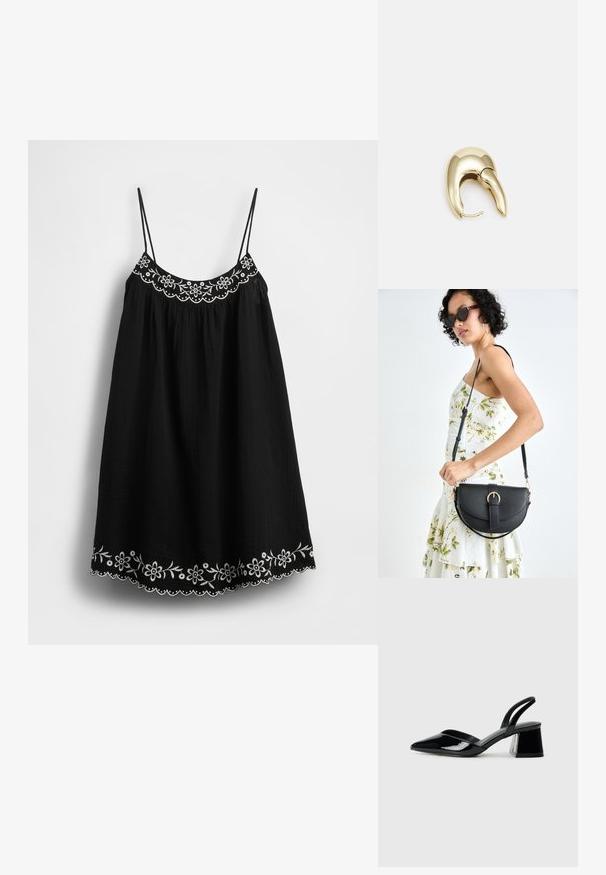 Rochie neagră de vară cu bretele subțiri ajustabile, decorată cu broderie florală albă și tiv ondulat de-a lungul marginii inferioare. Țesătură texturată.; Pantofi cu toc slingback din piele lacuită neagră, cu vârf ascuțit și toc geometric. Prezintă un design elegant, minimalist și o textură netedă.; Geantă din piele neagră, cu o formă curbată, curea detașabilă și accesorii aurii. Geanta are un capac cu un detaliu tip cataramă.; Cercei din metal de culoare aurie cu un design elegant și curbat. Prezintă o formă distinctivă, ascuțită, o suprafață lustruită și un sistem de închidere cu balama.