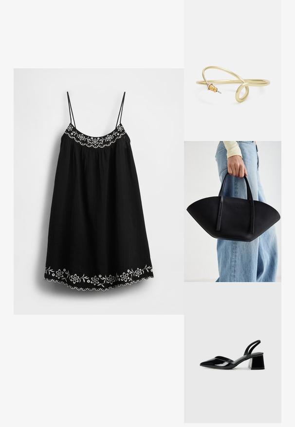 Crna haljina na naramenice s podesivim tankim naramenicama, ukrašena bijelim cvjetnim vezenjem i rubom s valovitim obrisom na donjem rubu. Teksturirani materijal.; Crne lakirane kožne sandale s otvorenom petom i špicastim vrhom, s geometrijskom blok petom. Imaju elegantan, minimalistički dizajn i glatku teksturu.; Crna kožna torba jedinstvenog oblika ventilatora, s ravnim ručkama. Površina ima teksturu sličnu šljunku i minimalistički dizajn.; Zlatna metalna narukvica s fluidnim, zavojitim dizajnom. Sadrži mali, istaknuti srebrni akcent na jednom kraju.