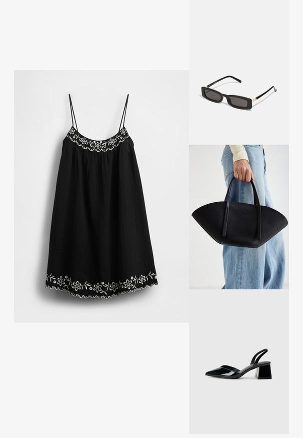 Rochie neagră de vară cu bretele subțiri ajustabile, decorată cu broderie florală albă și tiv ondulat de-a lungul marginii inferioare. Țesătură texturată.; Pantofi cu toc slingback din piele lacuită neagră, cu vârf ascuțit și toc geometric. Prezintă un design elegant, minimalist și o textură netedă.; Ochelari de soare rectangulari negri cu lentile întunecate, rame din plastic lucios și accente aurii pe tample. Design minimalist și formă elegantă.; Geantă de piele neagră cu o formă unică de evantai, având mânere plate. Suprafața are o textură cu mici granule și un design minimalist.