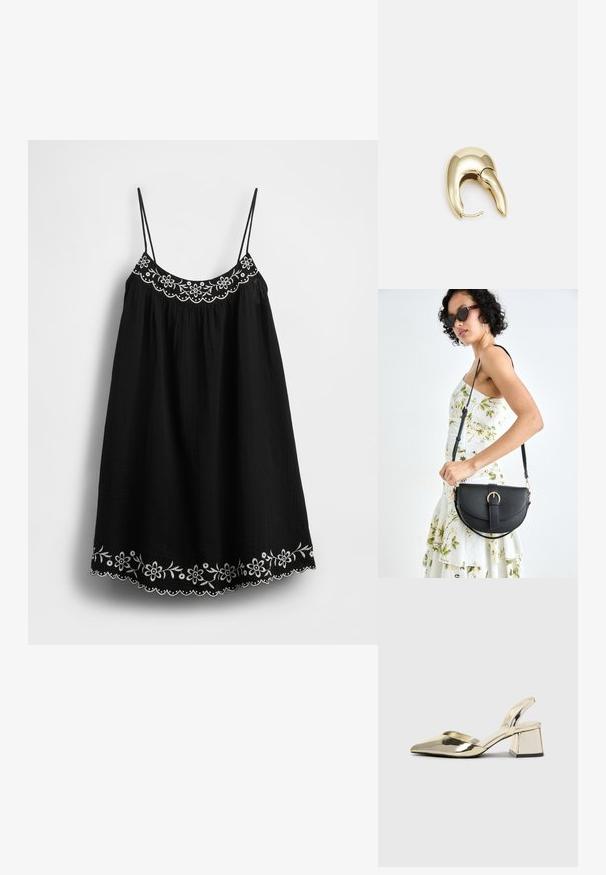 Crna haljina na naramenice s podesivim tankim naramenicama, ukrašena bijelim cvjetnim vezenjem i rubom s valovitim obrisom na donjem rubu. Teksturirani materijal.; Zlatni metalik slingback sandali s šiljatim vrhom i debelim potpeticama. Glatka tekstura, minimalistički dizajn i uski remen.; Crna kožna torba s lukovitim oblikom, odvojivim remenom i zlatnim detaljima. Torba ima preklop s kopčom.; Zlatne metalne naušnice s elegantnim, zakrivljenim dizajnom. Imaju karakterističan šiljast oblik, poliranu površinu i zatvaranje na šarku.