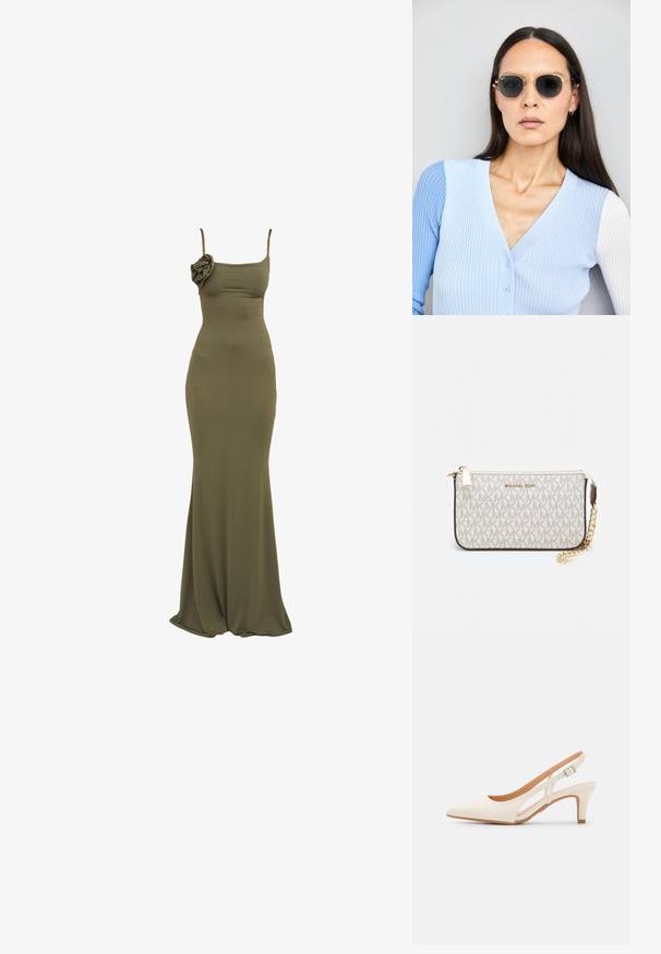 Rudo žalios spalvos, prigludusi maksi suknelė su plonomis petnešomis ir gėlių akcentu kairėje pusėje. Minkšta, tampri medžiaga su lygiu paviršiumi.; Balti slingback kulniukai su smailiu pirštu, lygia viršutine medžiaga, žemu blokuotu kulnu ir šoniniu išpjovimu su reguliuojamu sagtimi.; Apskriti saulės akiniai su tamsiais objektyvais ir auksiniais rėmeliais. Modelis vilki šviesiai mėlyną, raukinį kardiganą su mygtukais ir kontrastingomis baltomis rankovėmis.; Michael Kors rankinė smėlio spalvos dengto kanvoje su pakartotiniu MK logotipo raštu, auksinėmis detalėmis ir nuimamu grandininiu dirželiu.