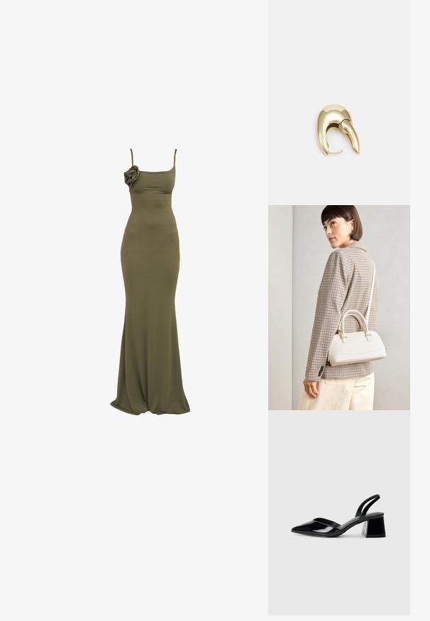 Olívazöld, testhez simuló maxi ruha vékony pántokkal és virágos díszítéssel a bal oldalon. Puha, rugalmas anyag, sima felülettel.; Fekete lakk bőr szandálkés magas sarkú cipő, hegyes orral és geometrikus tömbsarkakkal. Karcsú, minimalista dizájn és sima textúra jellemzi.; Fehér, strukturált kézitáska rövid füllel és vállpánttal, arany színű fém kiegészítőkkel és texturált anyagból, szürke háttér előtt bemutatva.; Aranyszínű fém fülbevaló, elegáns, ívelt formával. Különleges hegyes alak, fényes felszín és zsanéros záródás jellemzi.