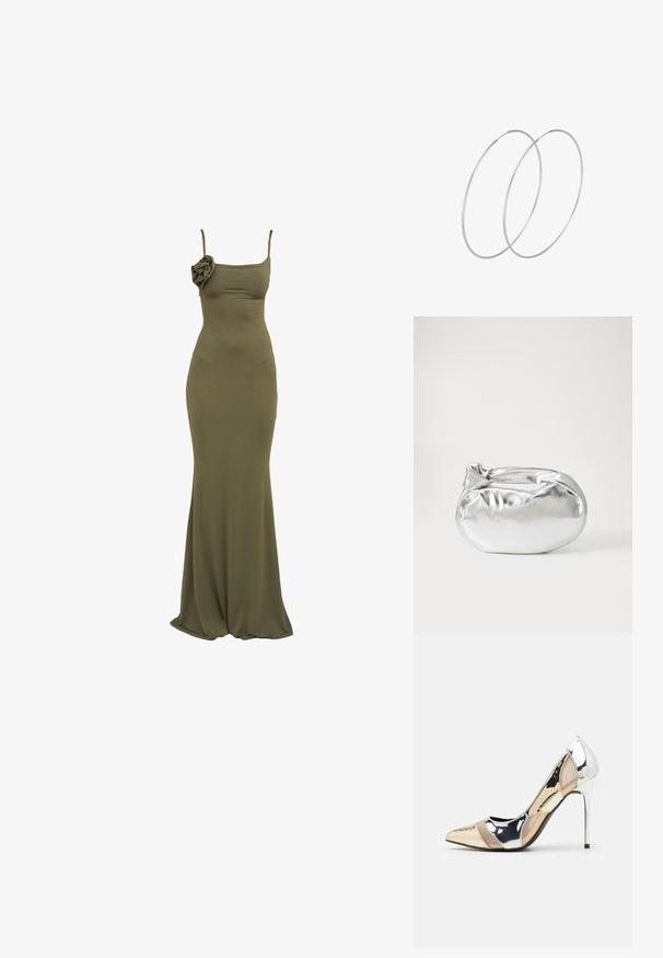 Olive zelena, prilegajoča maxi obleka z tankimi naramnicami in cvetličnim naglasom na levi strani. Mehka, raztegljiva tkanina z gladko teksturo.; Čevlji z visoko peto in konico, v barvni kombinaciji srebrne, zlate in nude. Sijajna obdelava z izrezljanim dizajnom, z igličasto peto.; Srebrna kovinska torbica z mehko, zaobljeno obliko in zavezano zgornjo zaporo. Narejena iz gladkega umetnega usnja.; Srebrne uhane v obliki obroča z minimalističnim dizajnom. Krožna oblika, gladka tekstura in tanek profil. Lahki s poliranim zaključkom.
