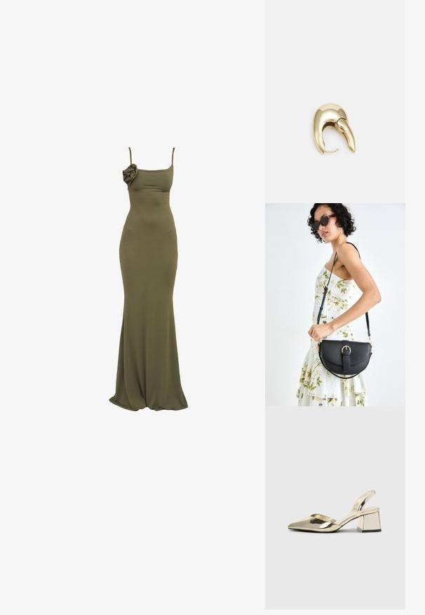 Maslinasto zelena, uska maksi haljina s tankim trakama i cvjetnim akcentom s lijeve strane. Mekani, rastezljivi materijal s glatkom teksturom.; Zlatni metalik slingback sandali s šiljatim vrhom i debelim potpeticama. Glatka tekstura, minimalistički dizajn i uski remen.; Crna kožna torba s lukovitim oblikom, odvojivim remenom i zlatnim detaljima. Torba ima preklop s kopčom.; Zlatne metalne naušnice s elegantnim, zakrivljenim dizajnom. Imaju karakterističan šiljast oblik, poliranu površinu i zatvaranje na šarku.