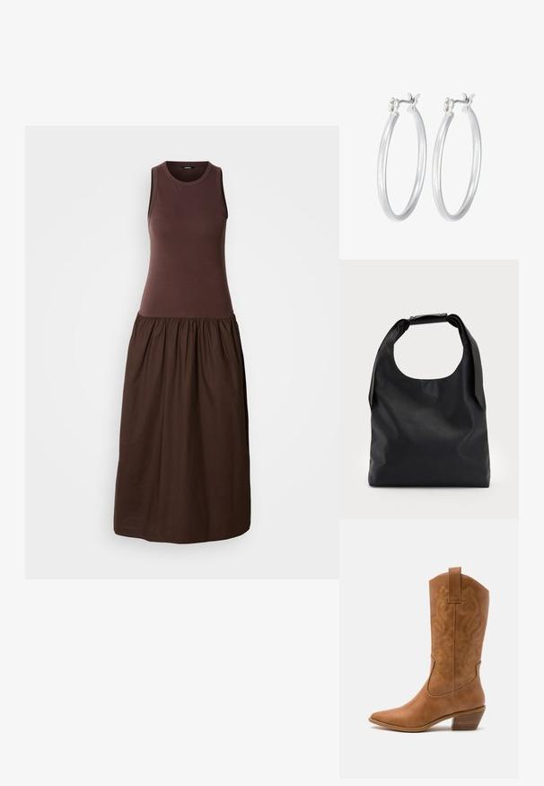 Brown sleeveless dress with a fitted top and flowing, gathered skirt. Made of soft fabric with a smooth texture.; Tan leather cowboy boot with pointed toe, embroidered swirl patterns on shaft, and a stacked block heel. Features a pull tab for easy wear.; Black leather handbag with a large open top and a single shoulder strap. Soft texture, minimal design, features subtle hardware accents.; Silver hoop earrings with a smooth, polished finish. Round shape and secure click-top closure. Lightweight design suitable for everyday wear.