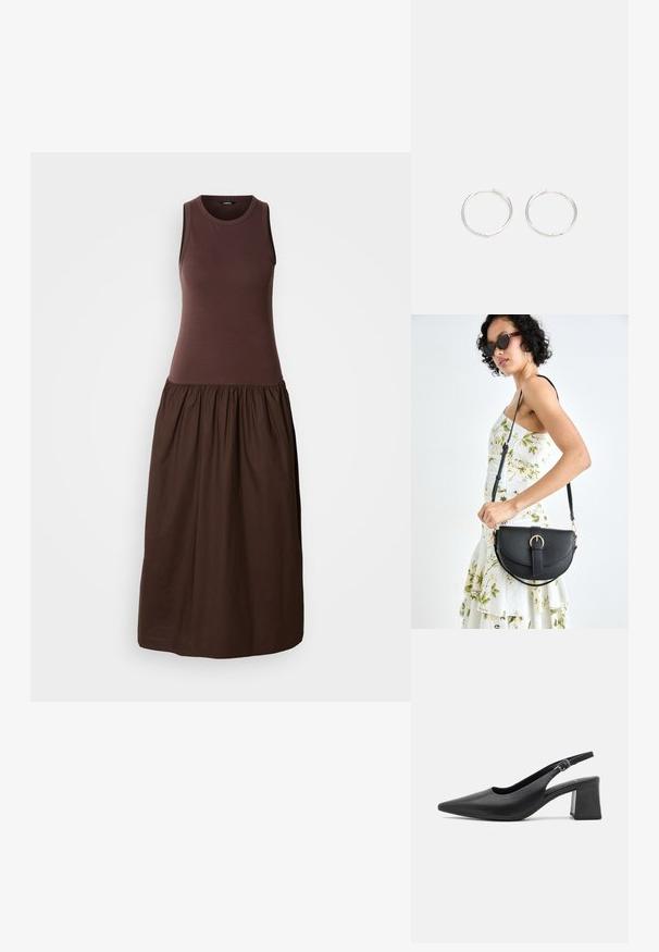 Hnedé bezrukávové šaty s priliehavým vrškom a splývavou, zberanou sukňou. Vyrobené z mäkkej tkaniny s hladkým povrchom.; Čierna kožená sandálová topánka na opätku s vyvýšeným špičatým prstom a robustným blokovým opätkom. Obsahuje nastaviteľný remienok s kovovou prackou.; Čierna kožená kabelka s zaobleným tvarom, odnímateľným popruhom a zlatými doplnkami. Kabelka má klopu s detailom s prackou.; Strieborné kruhové náušnice s elegantným, okrúhlym dizajnom, s hladkým povrchom a bez viditeľných ozdôb. Priemer nie je špecifikovaný.