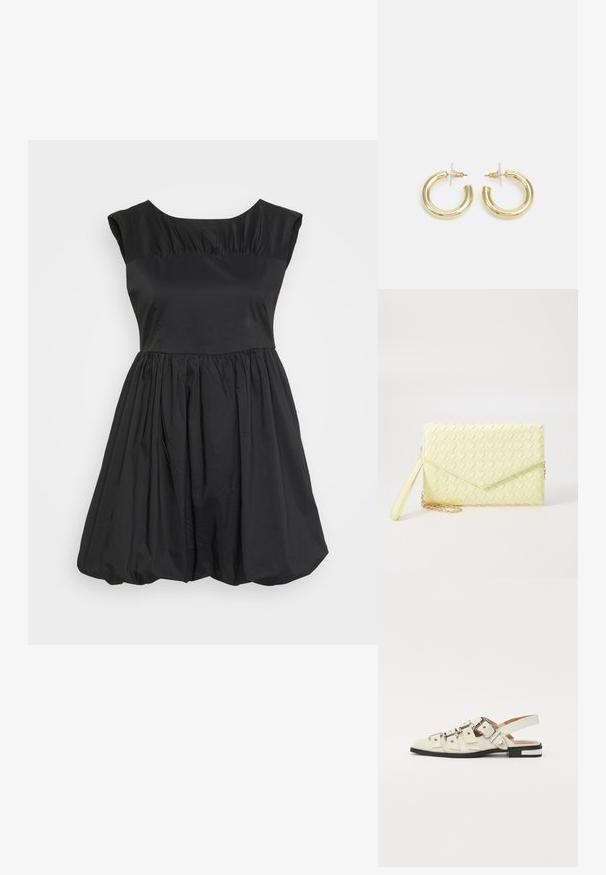 Rochie neagră cu un corset ajustat, mânici scurte și o fustă plină, plisată. Fabricată dintr-un material neted cu un luciu subtil. Fără modele vizibile.; Sandale slingback din piele albă cu multiple curele late și catarame argintii; talpă plată cu un mic toc negru și accente metalice.; Poșetă de mână țesută, de culoare galbenă, cu un design cu clapetă, curea detașabilă pentru încheietura mâinii și un accent din lanț auriu. Textură netedă și formă rectangulară.; Cercei cercuri din aur cu un finisaj neted și strălucitor. Design circular cu un mic suport și un spate transparent pentru o purtare sigură.