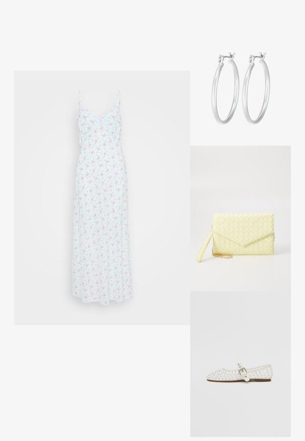 Kukallinen hihaton mekko vaaleansinisellä pohjalla, jossa on vaaleanpunaisia ja vihreitä kuvioita. V-pääntie, pehmeä kangas, virtaava siluetti, keskikokoinen malli.; Valkoinen litteä kenkä, jossa on terävä kärki, on koristeltu hopeisilla napeilla, ja siinä on soljellinen hihna jalan päällä sekä vaaleanruskea pohja.; Keltainen kudottu klaavapussukka, jossa on läpällä suljettava muotoilu, irrotettava rannekka ja kultaketjuviimeistely. Sileä pinta ja suorakaiteen muotoinen.; Hope-silver rengas, joissa on sileä ja kiillotettu pinta. Pyöreä muoto ja turvallinen napsautettava lukitus. Kevyt muotoilu sopii päivittäiseen käyttöön.