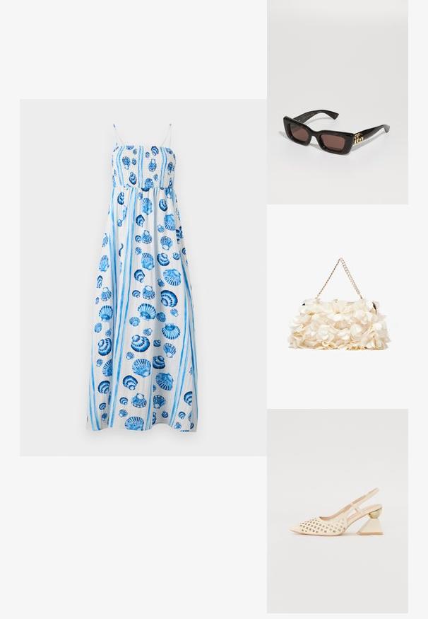 Rochie maxi din material lejer, cu un bust elastic, modele în formă de scoică albastre și bretele subțiri. Dungi verticale albastre accentuează designul.; Pantofii cu toc înalt, de culoare bej, clasic, cu partea superioară perforată, vârf ascuțit și un toc triangular contrastant cu un accent auriu. Textura este netedă în general.; Ochelari de soare tortoiseshell negri cu lentile dreptunghiulare, nuanță de maron, ramă groasă și detaliu cu logo dublu-G aurie pe temple.; Geantă albă cu flori, cu o suprafață din material adunat, bretea din lanț cu aspect auriu și închidere metalică. Prezintă petale texturate pentru un plus de detaliu.