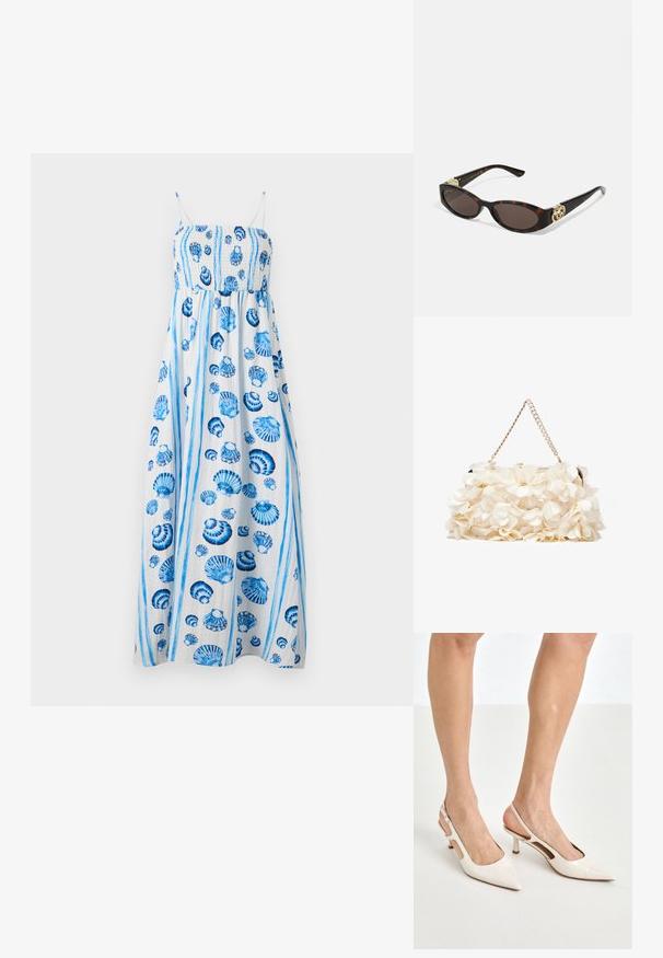 Maxi šaty z ľahkej tkaniny, s farbenou smockovanou korzetou, modrými mušľovými vzormi a tenkými ramienkami. Vertikálne modré pruhy zvýrazňujú dizajn.; Bežové lakované lodičky na podpätku so špicatou špičkou a 5 cm podpätkom, s výrezmi po stranách a tenkým remienkom okolo členka.; Slnkové okuliare v korytnačkovom dizajne s predĺženými oválnymi šošovkami, hnedým tónovaním, zlatými logovými akcentmi na spánkoch a elegantnými čiernymi ramenami.; Biela kvetinová taška s nariaseným textilným povrchom, zlatým reťazovým popruhom a kovovým zámkom. Obsahuje textúrované okvetné lístky pre väčší detail.