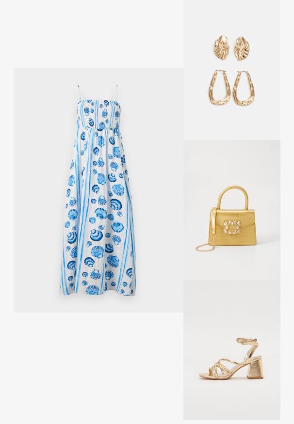 Maxi obleka iz lahkega materiala, z gubanim telovnikom, modrimi školjčnimi vzorci in tankimi naramnicami. Vertikalne modre črte poudarjajo obliko.; Zlate kovinske sandale s peto, ki imajo zapleteno zasnovo, kvadratno blok peto in nastavljiv gležnjski trak z zaponko. Gladka tekstura.; Rumeno usnjeno-usnje z vzorcem krokodila, s strukturiranim dizajnom, zgornjo ročajem, snemljivo verižico in dekorativnim kristalnim okrasjem na zaponki.; Zlato obarvani uhani z teksturiranimi, valovitimi oblikami. Vključujejo skulpturalne sponke za ušesa in odprto obliko obročka s kladivastim finišem.