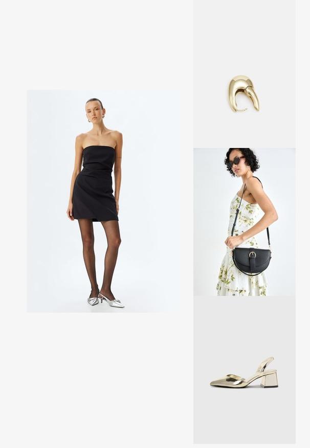 Mustat olkaimettomat mini-mekot, jotka on valmistettu sileästä kankaasta; mukana tiukka malli ja kevyt laskostus. Yhdistetty mustiin läpinäkyviin sukkahousuihin ja hopeisiin kenkiin.; Kultaiset, metalliset slingback-kengät, joissa on teräväkärkiset ja paksut korot. Sileä pinta, minimalistinen muotoilu ja kapea hihna.; Musta nahkainen käsilaukku, joka on kaareva muotoilultaan, irrotettavalla hihnalla ja kultaisilla yksityiskohdilla. Laukussa on läppä, jossa on solk yksityiskohta.; Kultahipuinen korvakoru, jossa on sulavalinjainen, kaareva muotoilu. Ominaisuuksiin kuuluu erottuva terävä muoto, kiillotettu pinta ja sarana kiinnitys.