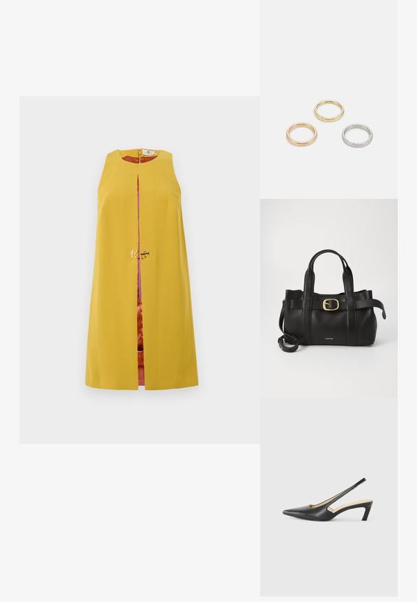 Κίτρινο αμάνικο φόρεμα με ευθεία γραμμή, μπροστινό φερμουάρ και χρυσές λεπτομέρειες, διαθέτοντας εσωτερική μωβ επένδυση.; Μαύρο παπούτσι slingback με αιχμηρή μύτη και χαμηλό τακούνι, κατασκευασμένο από λείο δέρμα με σχέδιο κοπής στη πλευρά για αερισμό.; Μαύρη δερμάτινη τσάντα με δομημένο σχέδιο, διπλούς επάνω χειρολαβές, χρυσή αγκράφα διακόσμηση και ανάγλυφο λογότυπο μπροστά.; Τρία μεταλλικά δαχτυλίδια: ένα ροζ χρυσό, ένα χρυσό με υφές και ένα ασημένιο, όλα με εγχαραγμένο λογότυπο στην εσωτερική πλευρά.