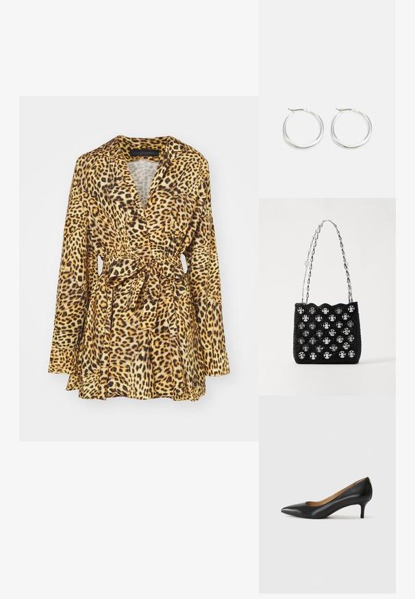 Laišpēdas raksta apģērbs dzeltenos un brūnos toņos. Iespējas ar garām piedurknēm, auklu jostas vietā un izplestu siluetu. Mīksta auduma tekstūra.; Melnas ādas augstpapēžu kurpes ar pīlādžu purngalu, zemu papēdi un gludu virsmu. Raksturīga neliela atvere priekšā un minimāls aprīkojums aizmugurē.; Rabanne Rokassoma - black/silver; Sudraba riņķa auskariem ir gluda, noapaļota forma ar plānu profilu un drošu aizdari. Minimālistisks stils ar izpolētu apdari.