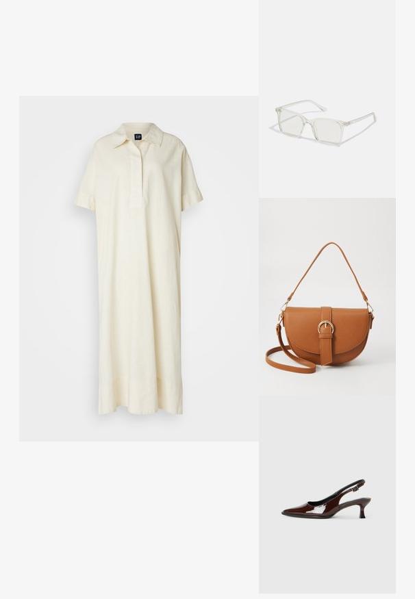 Lühikeste varrukatega, kaelusega kleit, mis on valmistatud heledast kreemjas linast. Omab eesmist nööbirea ja lõtvust, mis ulatub põrandani.; Pruun patentnahast slingback tossud terava nina ja mõõduka kandega. Omab pandla rihma kindla istuvuse tagamiseks. Sile tekstuur.; Selge plastmassist ruudukujulised prilliraamid koos läbipaistvate läätsedega, millel on kuldsed aktsendid templitel, et lisada detaile.; Pruun nahast õlakott, millel on kumer kuju, kullavärvi riistvara ja pandlaga kaunistus. Omab eemaldatavat õlarihma.