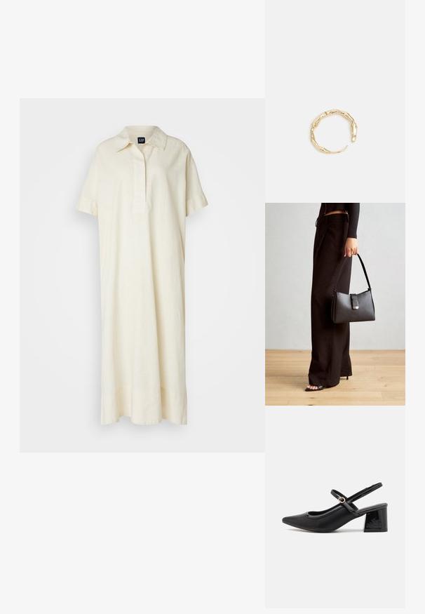 Kratki rukav, haljina s ovratnikom izrađena od svijetlo kremastog platna. Ima prednju patentu i labavi siluetu koja seže do poda.; Crne lakirane slingback visoke potpetice s šiljastim vrhom, zaobljenim izrezom i blok potpeticom. Sadrži akcent zlatnog tona s kopčom.; Crna torba s oblikom koji sadrži strukturu, glađu teksturu i metalnu kopču. Uparena s širokim crnim hlačama i sandalama na otvorenom s drvenog poda.; Prsten u zlatnoj nijansi s organskim, uvijenim dizajnom, glatkom teksturom i suženim krajevima, koji stvara moderan, skulpturalni izgled.