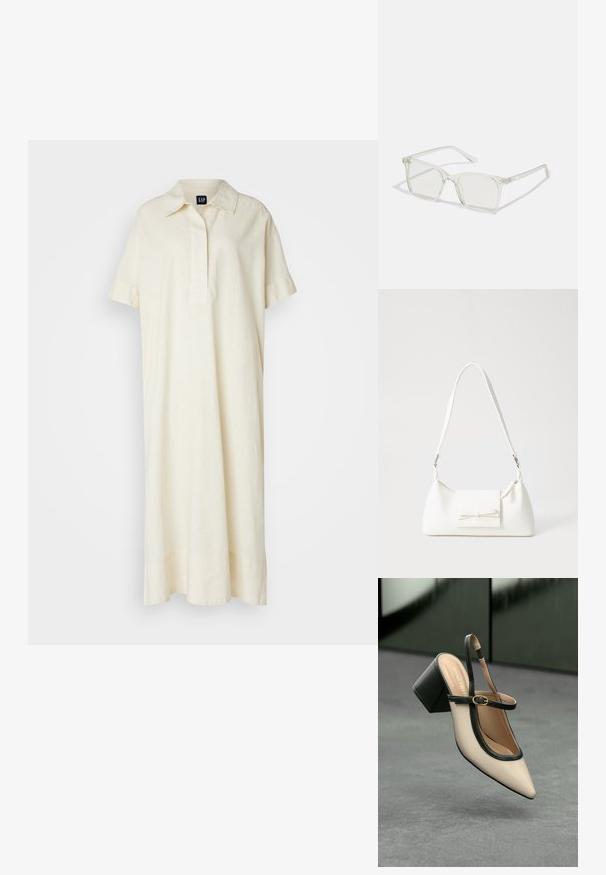 Šaty s krátkym rukávom a golierom vyrobené z ľahkej krémovej ľanovej tkaniny. Obsahujú predný rozparok a voľný, dlhý strih až po zem.; Béžová lodička so špicatou špičkou, s čiernym lemom, zlatou prackou a robustným blokovým podpätkom na šedom podlahe s tmavozeleným pozadím.; Priehľadné plastové okuliare s námestovými rámami a priehľadnými šošovkami, s kultivovanými zlatými akcentmi na spánkoch pre zvýraznenie detailov.; Biela syntetická kabelka s trojuholníkovým tvarom, plochým predným klapkou a detailom mašle, nastaviteľným popruhom, hladkou textúrou a minimalistickým dizajnom.