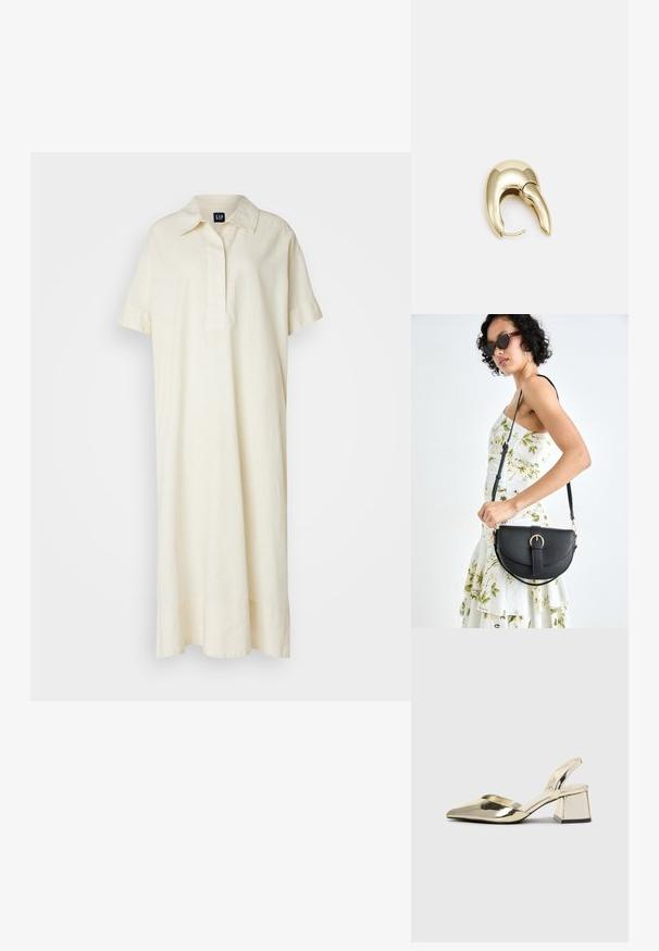 Rochie cu mânecă scurtă și guler, realizată din in de culoare crem deschis. Prezintă o stofa frontală și o siluetă liberă, până la podea.; Pantofi cu toc slingback metalici aurii, cu vârf ascuțit și toc chunky. Textură netedă, design minimalist și o curea subțire.; Geantă din piele neagră, cu o formă curbată, curea detașabilă și accesorii aurii. Geanta are un capac cu un detaliu tip cataramă.; Cercei din metal de culoare aurie cu un design elegant și curbat. Prezintă o formă distinctivă, ascuțită, o suprafață lustruită și un sistem de închidere cu balama.