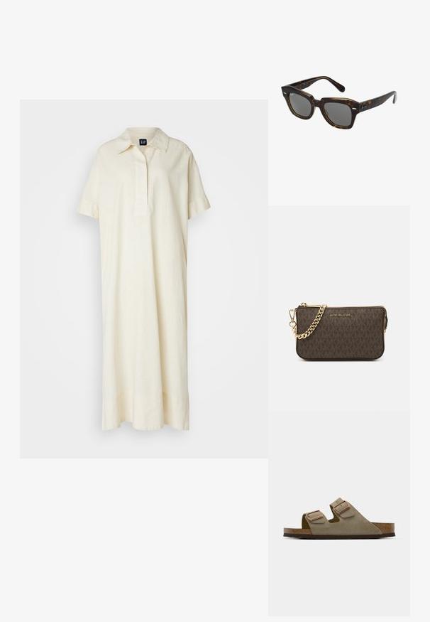 Rövid ujjú, galléros ruha világos krémszínű vászonból. Elöl gombos záródással és laza, földig érő siluettel rendelkezik.; Világos taupe velúr szandál két állítható pánttal és rózsaarany díszítéssel. Parafa talp egy texturált barna talpon. Nyitott orrú kialakítás.; Négyzet alakú napszemüveg teknős mintás műanyag kerettel, sötét lencsékkel és ezüst díszítőelemekkel az oldalán. Olaszországban készült.; Barna bőr keresztpántos táska logómintával, arany láncos pánttal, cipzáras záródással és arany fémkiegészítőkkel. Kompakt és téglalap alakú dizájn.