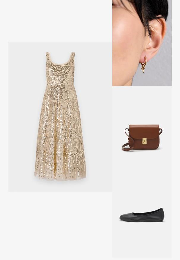 Bežna obleka s sequini in okroglo izreznico, okrašena z zapletenimi vzorci, z oblikovanim pasom, ki prehaja v dolgi krilo.; Črne usnjene balerinke z zaobljenim nosom, gladko teksturo, minimalnimi šivi in fleksibilno zasnovo podplata.; Rjava usnjena torbica s poklopcem, zlato obarvani okovi, naramnica in gladka tekstura. Kompaktna pravokotna oblika.; Zlati uhani iz obroča z organskim, tekočim dizajnom, ki vključuje teksturirane poudarke in gladko površino, nosijo se na prebitem ušesu.