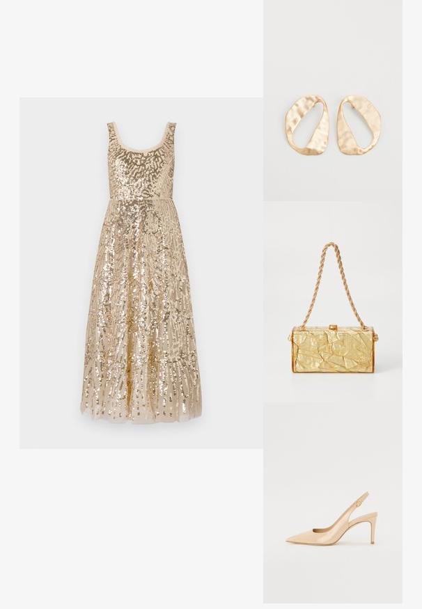 Abito in paillettes beige con scollatura a barca, impreziosito da motivi intricati, con un corpino aderente che si apre in una gonna lunga.; Sandalo con tacco a spillo in pelle verniciata nudo, con punta affilata, vamp aperto e sottile tacco a stiletto. Presenta un accentuazione circolare in oro sulla fascia.; Borsa di forma rettangolare in tessuto plissettato dorato, dotata di una tracolla a catena e di una chiusura con fermaglio nella parte superiore. Finitura liscia e lucida.; Un paio di orecchini in metallo di tonalità dorata, di forma ovale irregolare, con superficie texturizzata e leggermente martellata, su uno sfondo bianco.