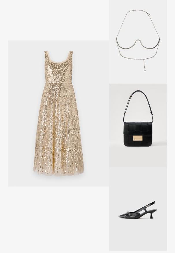 Beige kleit sädelustega, millel on ringjalt lõigatud kaelus, kaunistatud keerukate mustritega, millel on liibuv bodice, mis voolab täispikkusesse seeliku.; Must must have must toote tõmblukuga, dekoratiivsed rihmad metallist silmadega ja madal blokk-kand. Tekstureeritud pind.; Loeffler Randall DESI CROSSBODY WITH LOCK HARDWARE - Ülerinna-kott - black; Cult Gaia ASHA BODY JEWELRY - Muu aksessuaar - bright shiny silver-coloured