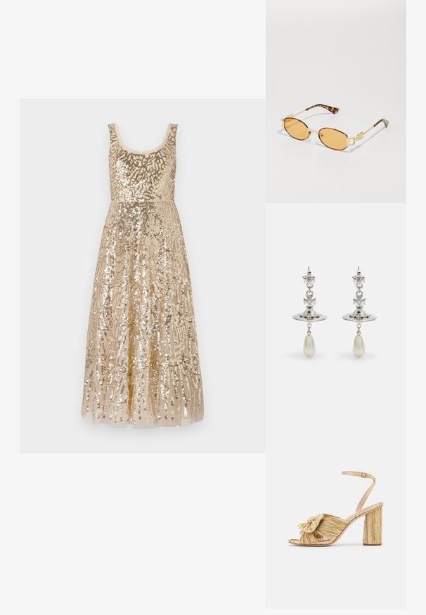 Baldakin vaatetu, millel on ümmargune kaelus, kaunistatud keerukate mustritega, omab sobivat korpust, mis voolab täispika seeliku alla.; Kultaiset korot sandaalit, joissa on solmittu etuosa, laskostettu pinta ja nilkkaremmi. Paksu korko on uritettu, mikä parantaa pitoa.; Soikeat aurinkolasit, joissa on kultainen metallikehys, oranssit linssit ja kilpikonnakuvioiset varret. Sileä pinta ja erottuva ketju-linkityksellä.; Hope hopea, jossa on pyöreä muoto, koristeltu kimaltavilla kivillä ja tipan muotoisella helmipendaatilla. Erityinen muotoilu monimutkaisilla yksityiskohdilla.