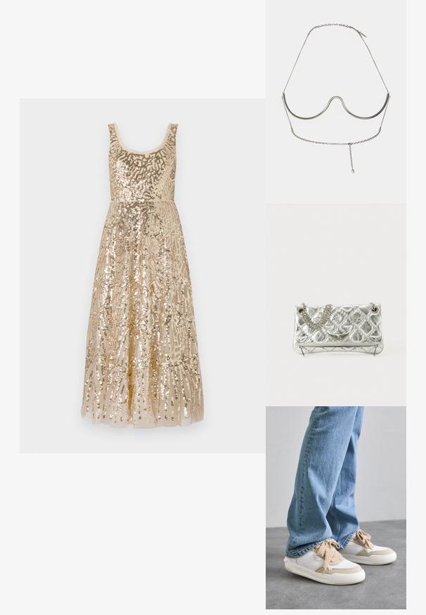 Vestido de lentejuelas beige con escote redondeado, decorado con patrones intrincados, que presenta un corsé ajustado que fluye hacia una falda larga.; Zapatillas blancas y beige con paneles texturizados, que presentan cordones beige y una suela de goma, combinadas con jeans de mezclilla azul claro.; Bolso de mano metálico plateado con asa de cadena, textura acolchada, costura decorativa y cierre de cremallera. Presenta detalles en relieve en la parte frontal.; Cult Gaia ASHA BODY JEWELRY - Otros accesorios - bright shiny silver-coloured